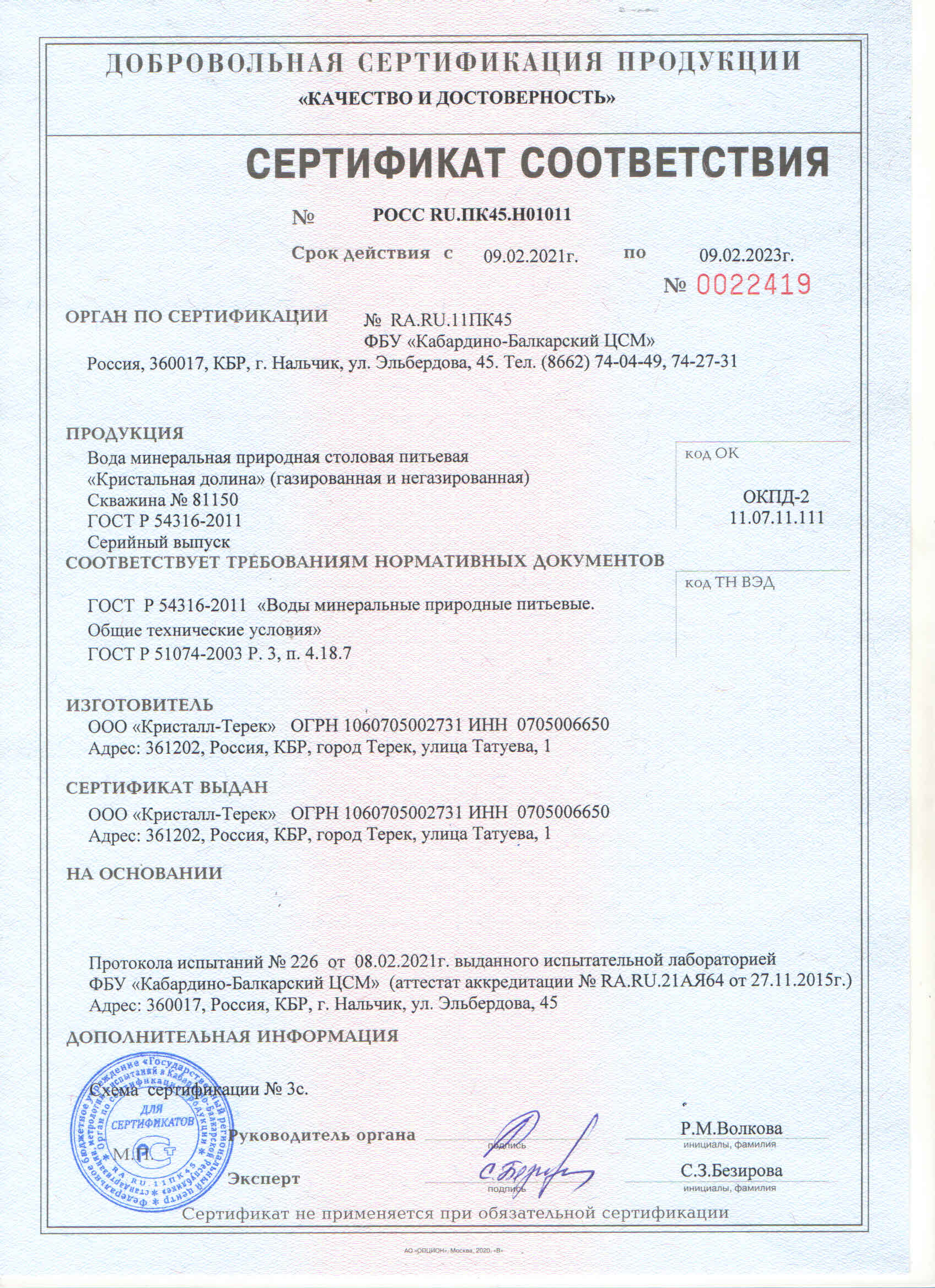 Сертификат минеральной воды